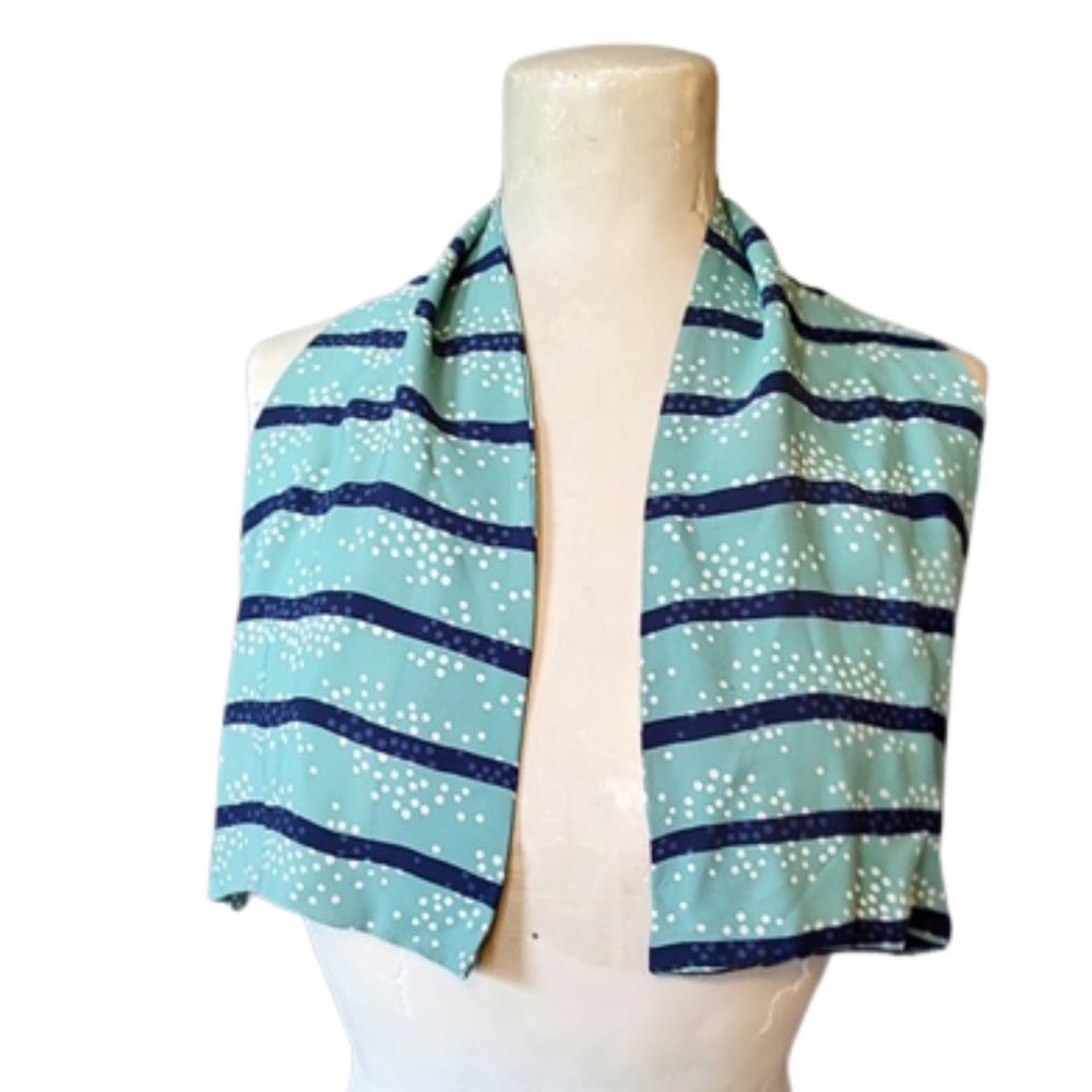 1930s True Vintage Aqua Green And Blue Striped Rayon Deco Ascot Long Scarf - Picture 4 of 9